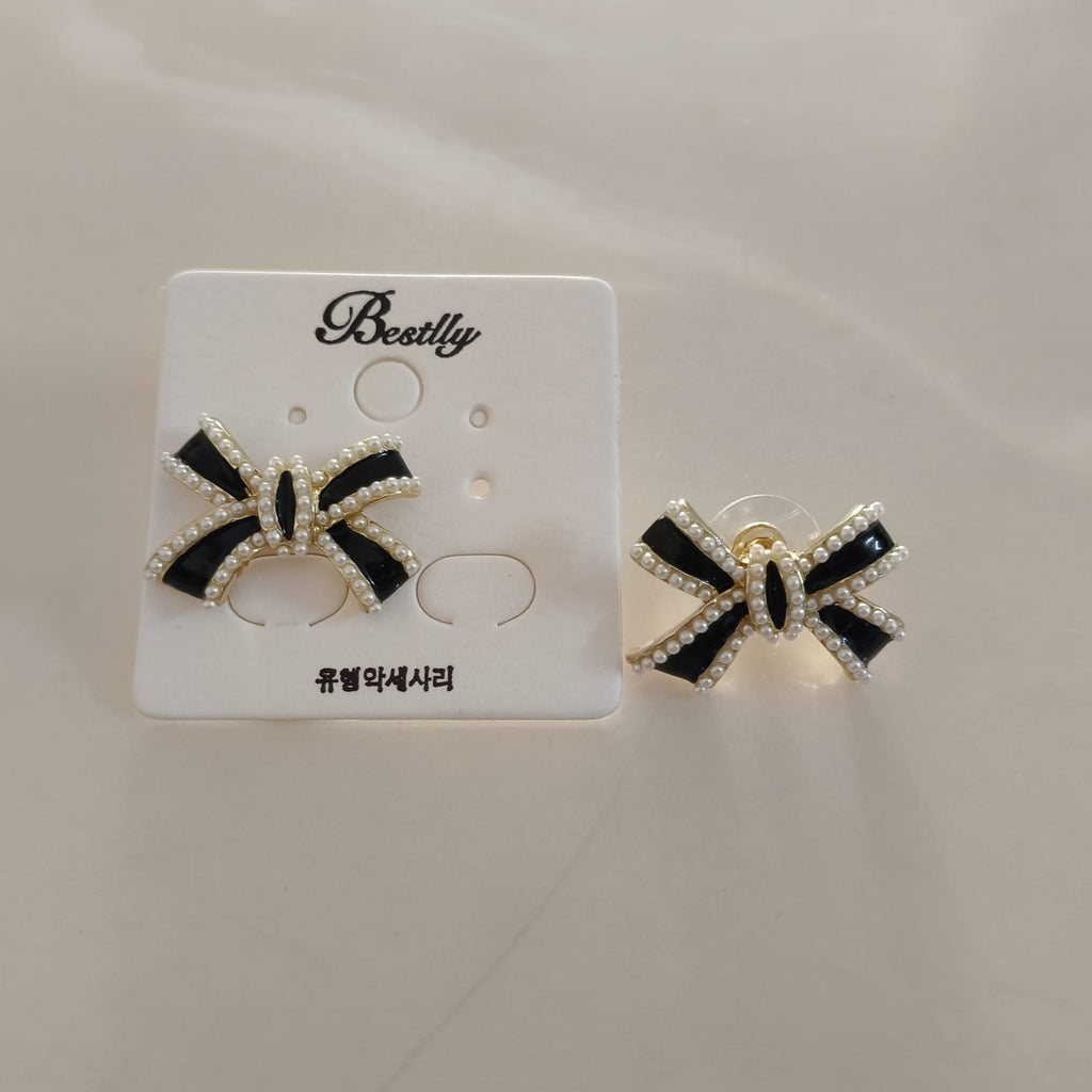 Luxury Black Bow Stud Earrings for Women | Pearl & Gold Plated Designer Earrings