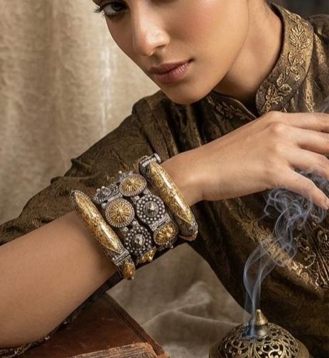 Antique Dual Tone Tribal Kada Bracelet Set for Women | Oxidized Silver & Gold Finish Ethnic Bangles