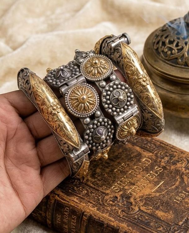 Antique Dual Tone Tribal Kada Bracelet Set for Women | Oxidized Silver & Gold Finish Ethnic Bangles