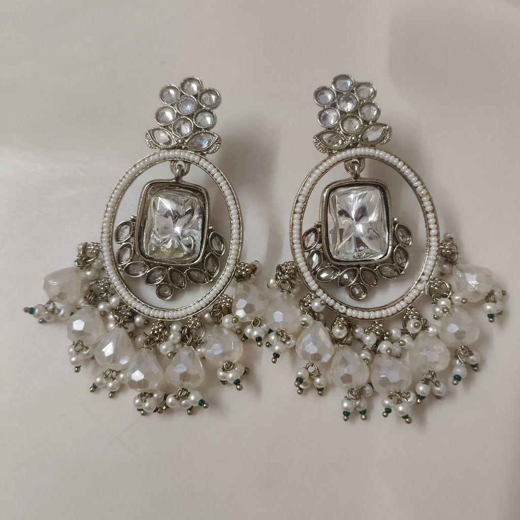 Silver Crystal Pearl Drop Earrings | Statement Ethnic Chandbali Earrings for Women