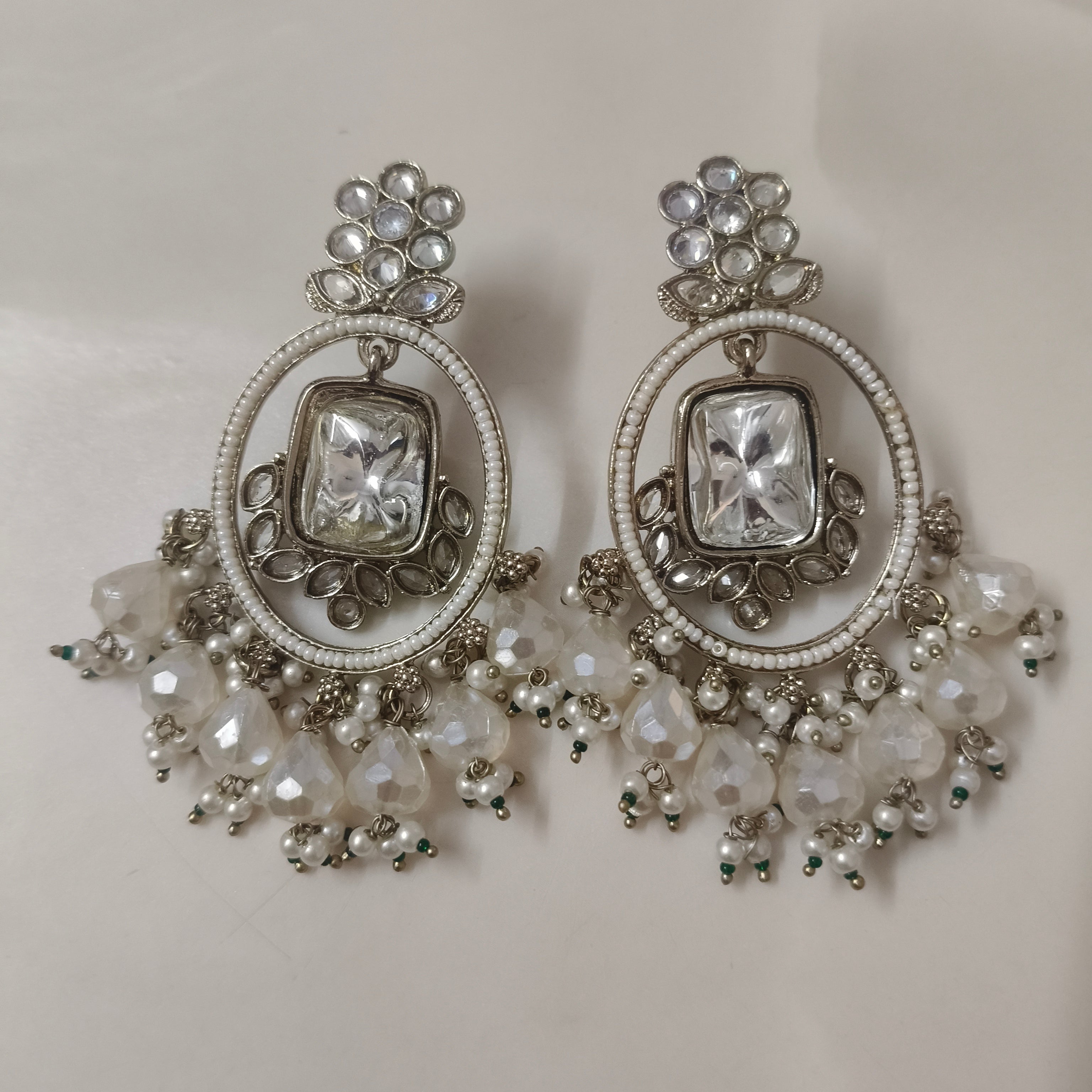Silver Crystal Pearl Drop Earrings | Statement Ethnic Chandbali Earrings for Women