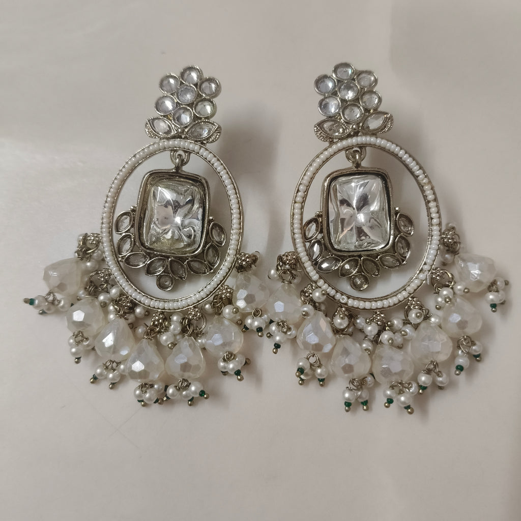 Silver Crystal Pearl Drop Earrings | Statement Ethnic Chandbali Earrings for Women