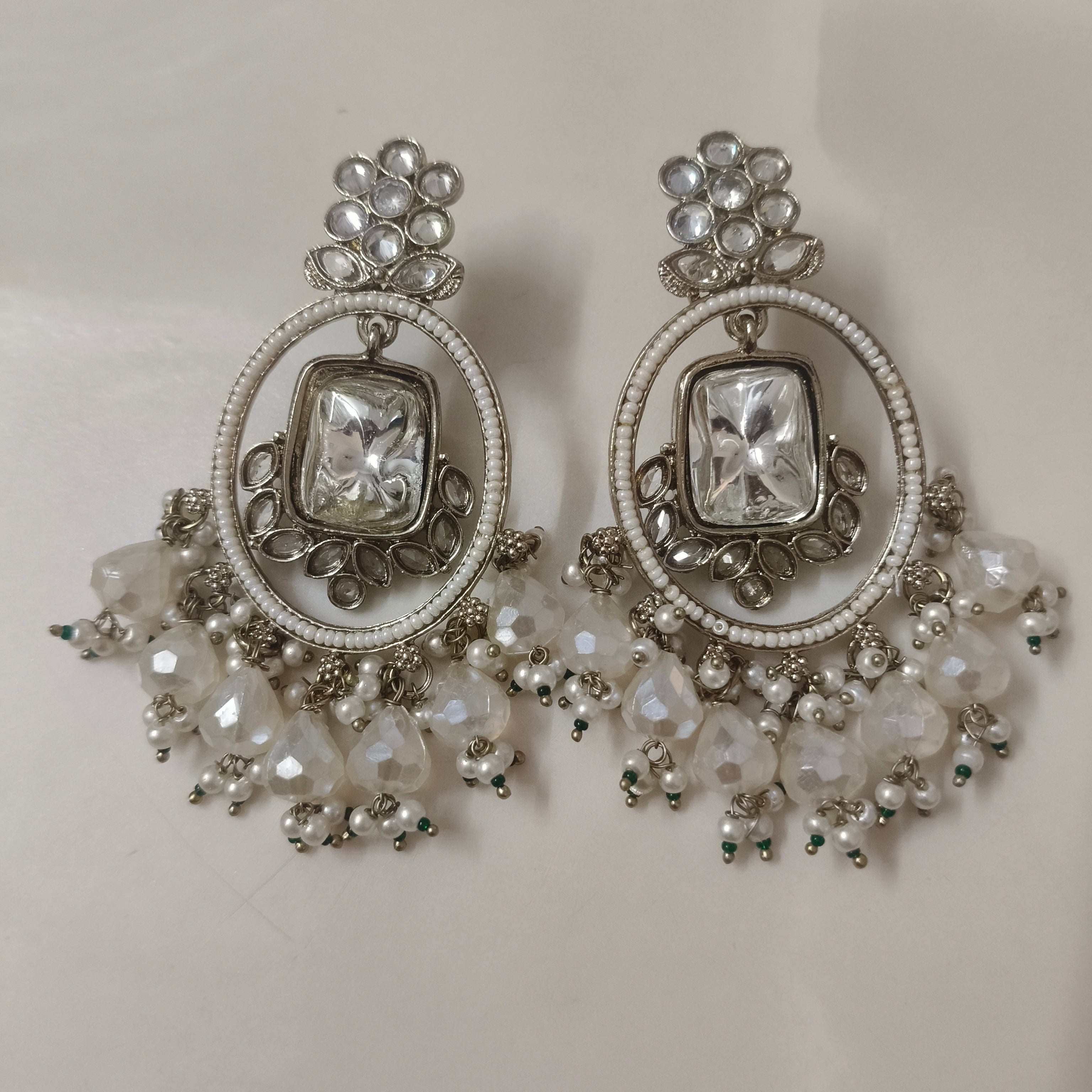 Silver Crystal Pearl Drop Earrings | Statement Ethnic Chandbali Earrings for Women