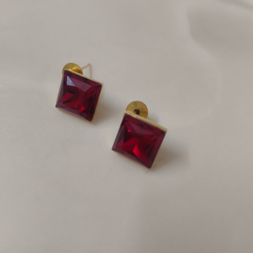 Ruby Red Square Crystal Stud Earrings for Women | Elegant Gold Tone Earrings