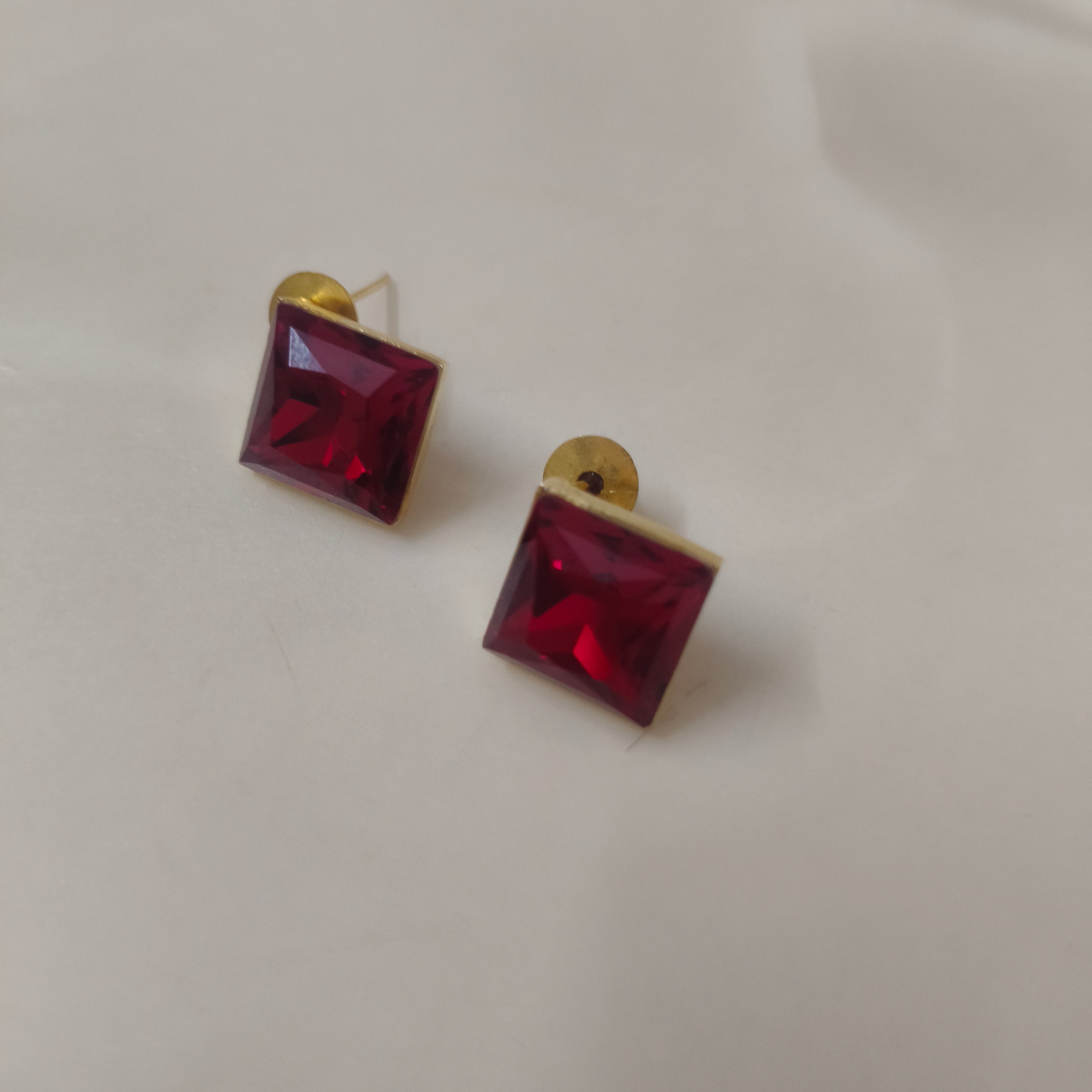 Ruby Red Square Crystal Stud Earrings for Women | Elegant Gold Tone Earrings