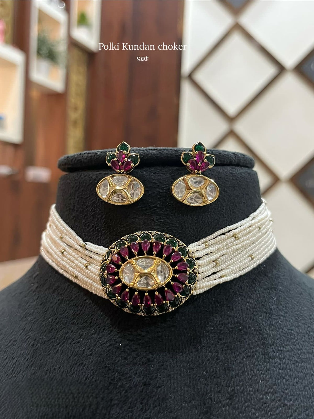 Royal Polki Kundan Choker Set for Women | Pearl Choker Necklace with Earrings