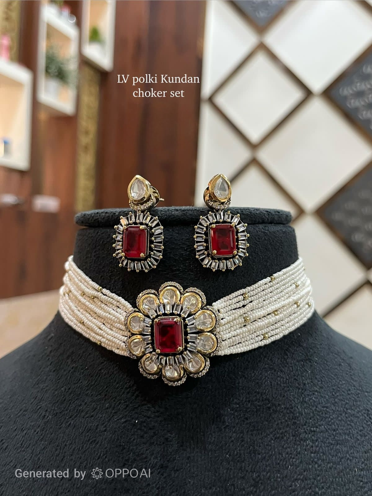 Luxury LV Polki Kundan Choker Set with Earrings | Ruby Red Chokar Necklace Set