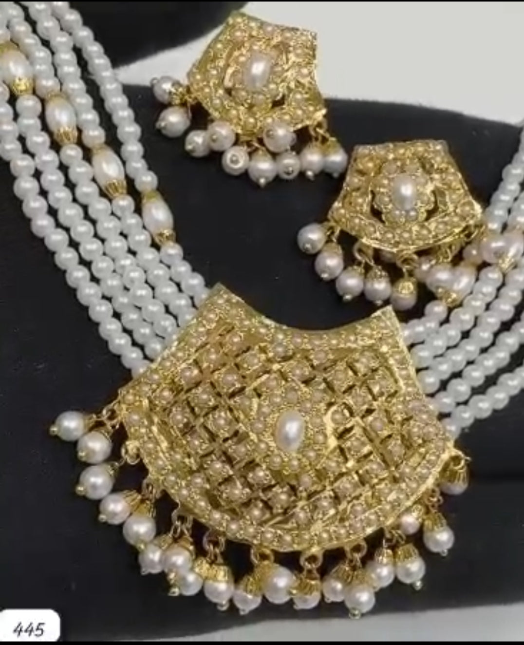 Gold-Tone Statement Necklace with Pearl Drops & Earrings