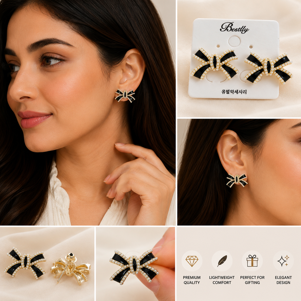 Luxury Black Bow Stud Earrings for Women | Pearl & Gold Plated Designer Earrings