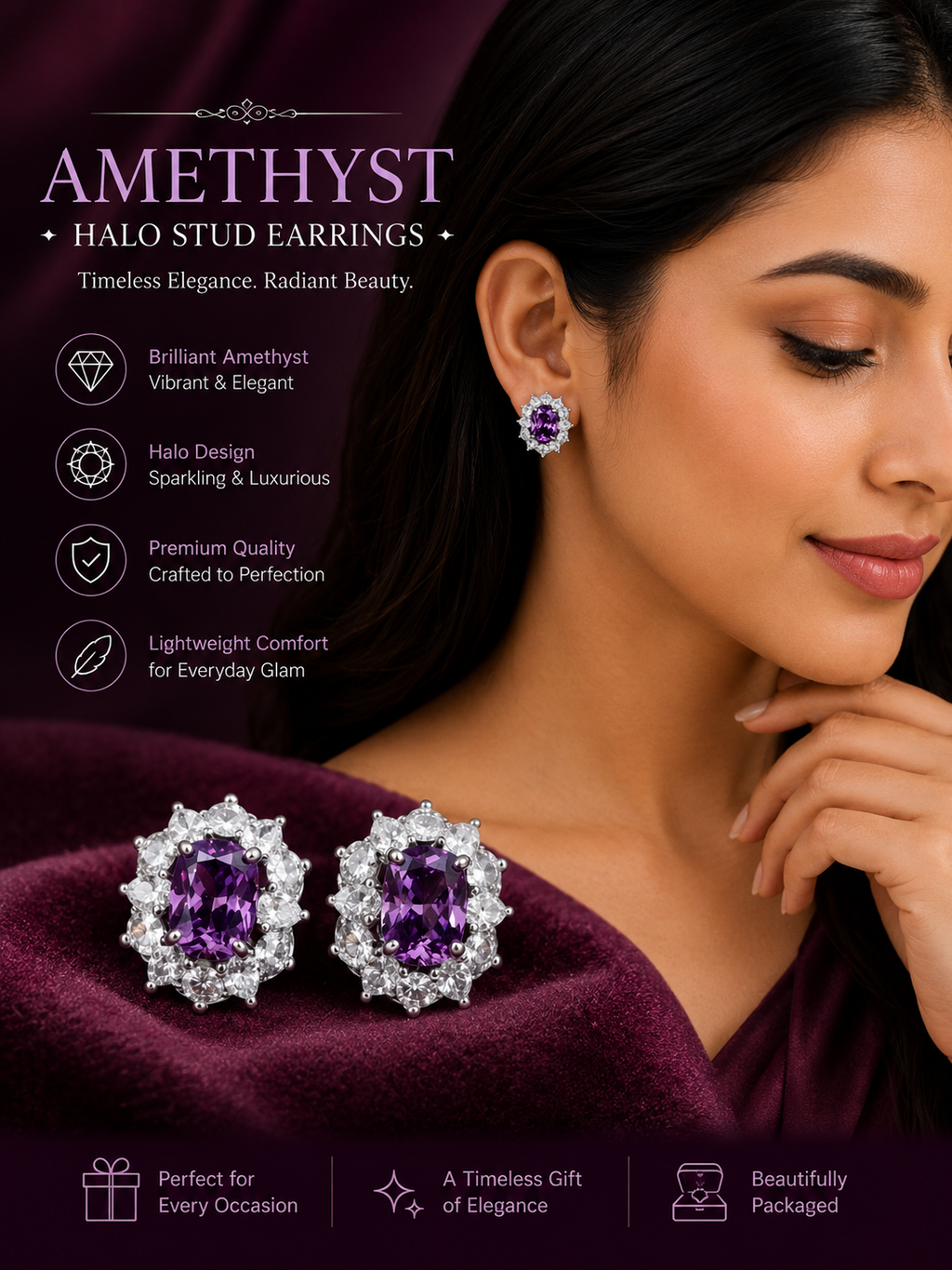 Purple Crystal Halo Stud Earrings | Luxury Statement Party Earrings