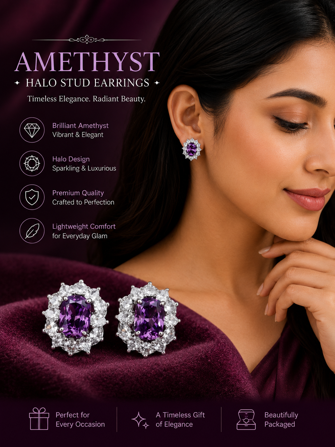 Purple Crystal Halo Stud Earrings | Luxury Statement Party Earrings