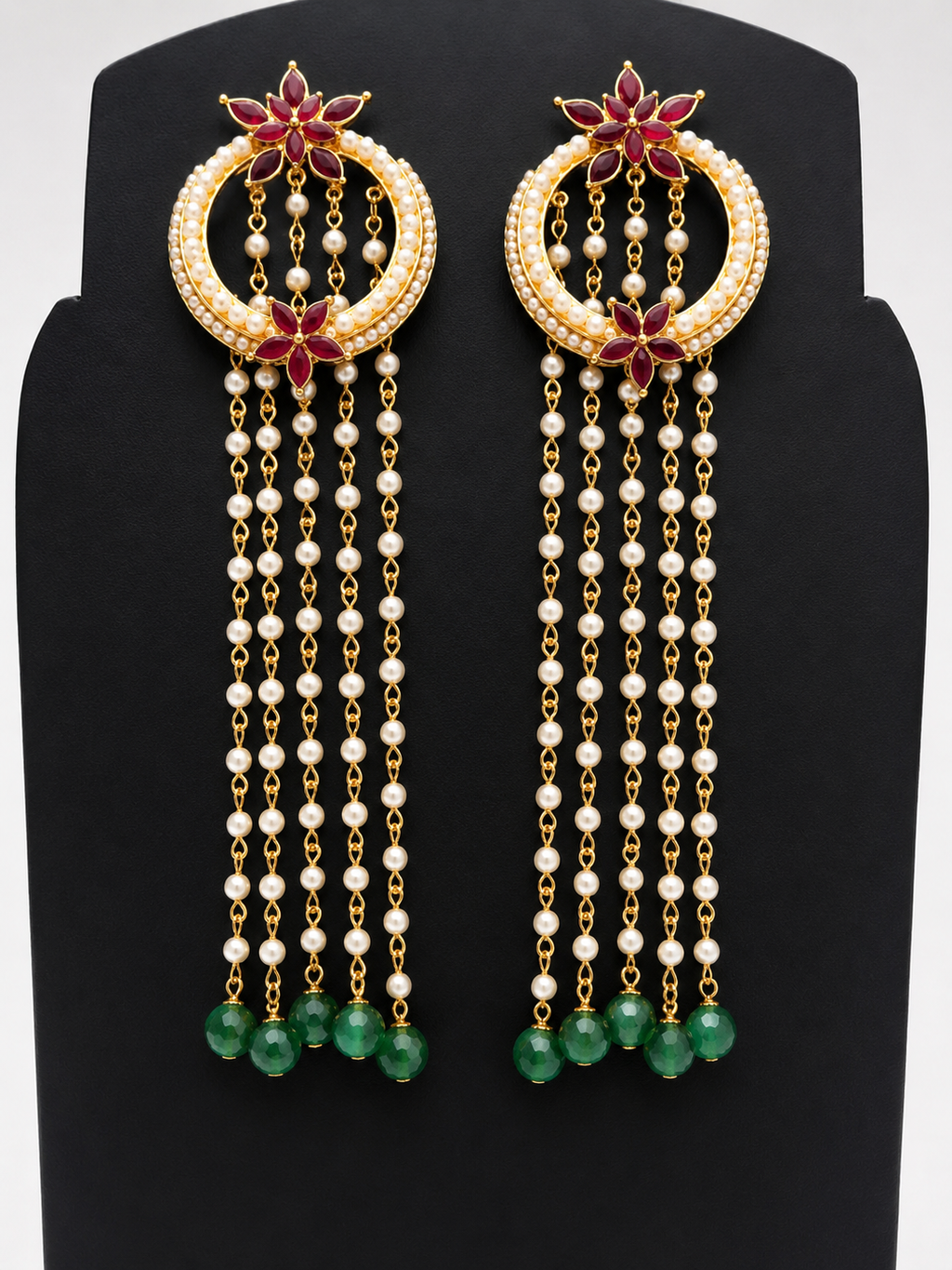 Revoria Premium Pearl & Ruby Floral Long Earrings | Statement Party Wear Earrings
