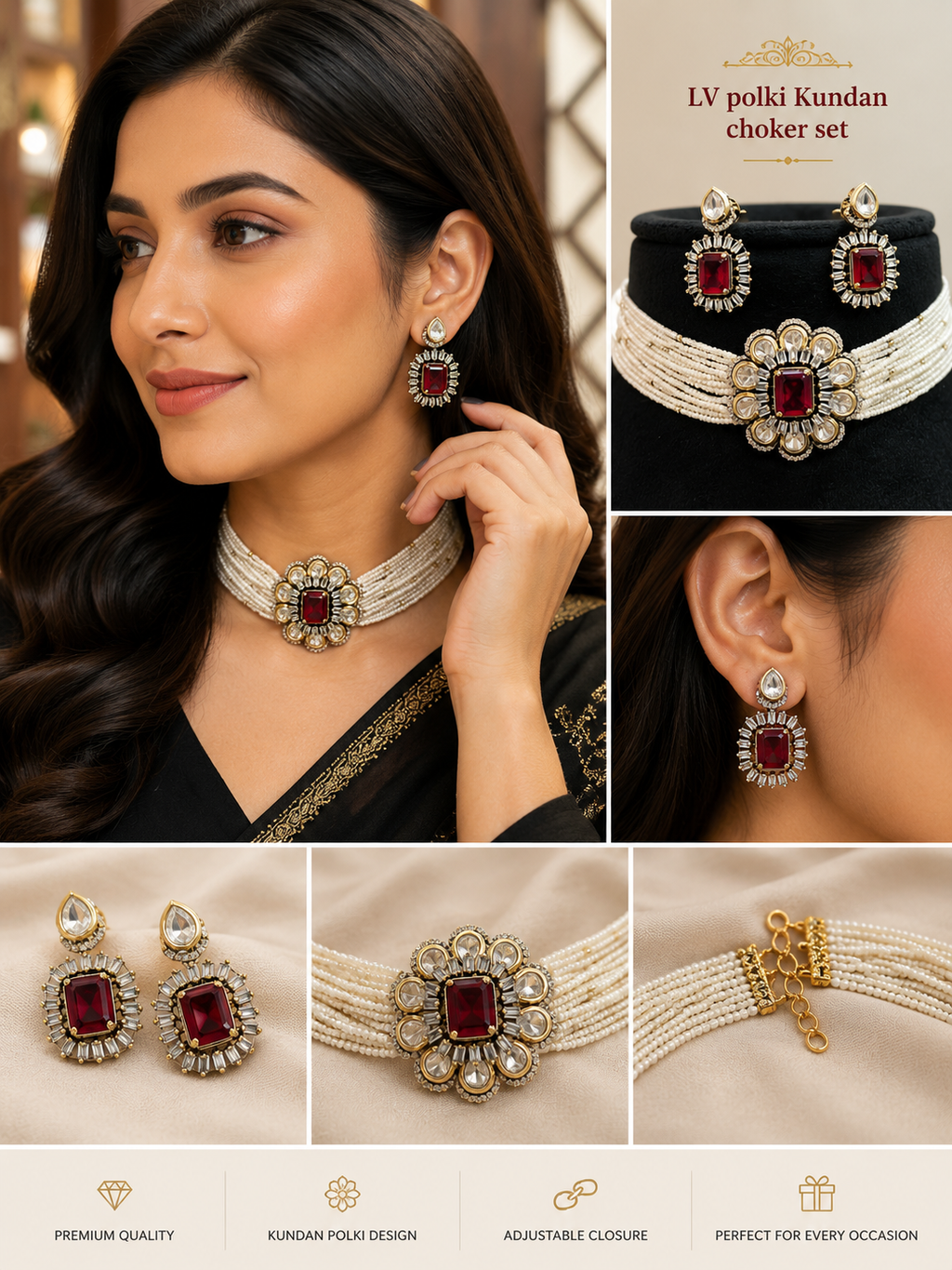 Luxury LV Polki Kundan Choker Set with Earrings | Ruby Red Chokar Necklace Set