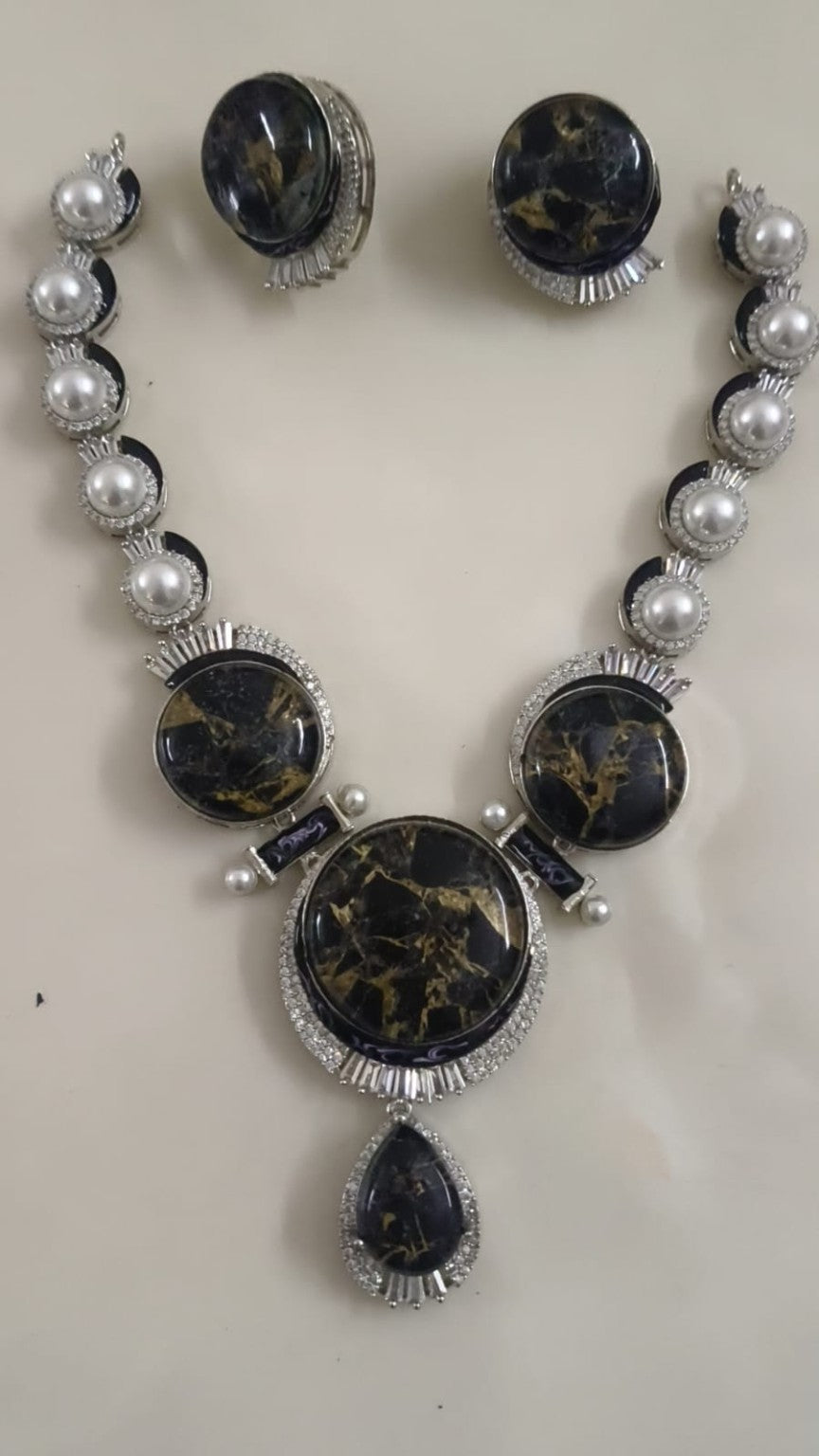 Black Marble Statement Necklace Set | Premium Pearl & Crystal Designer Jewellery