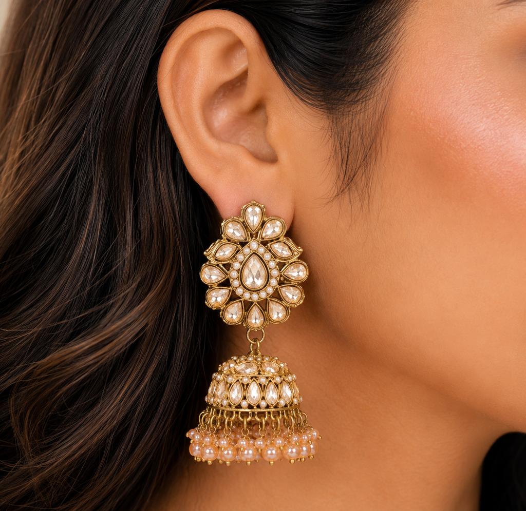 Kundan Jhumka Earrings – Traditional Gold Tone Statement Earrings for Women