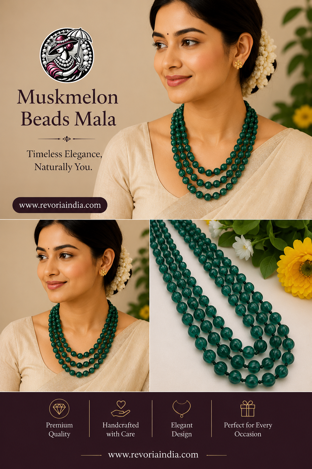 Emerald Green Muskmelon Beads Mala – Premium Handcrafted Multi-Layer Necklace