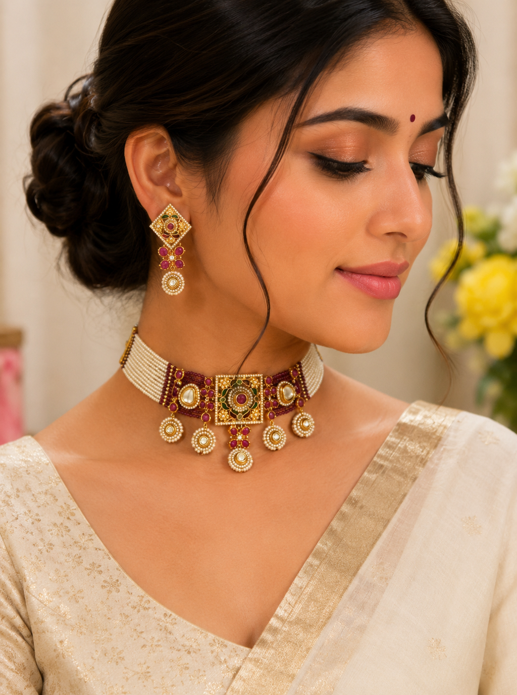 Royal Kundan Pearl Choker Set | Traditional Bridal Necklace Set with Earrings