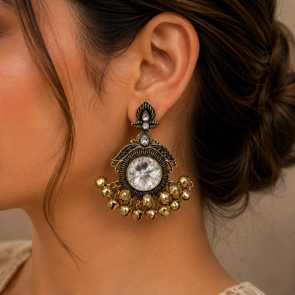Crystal Ghungroo Earrings | Statement Ethnic Drop Earrings for Women