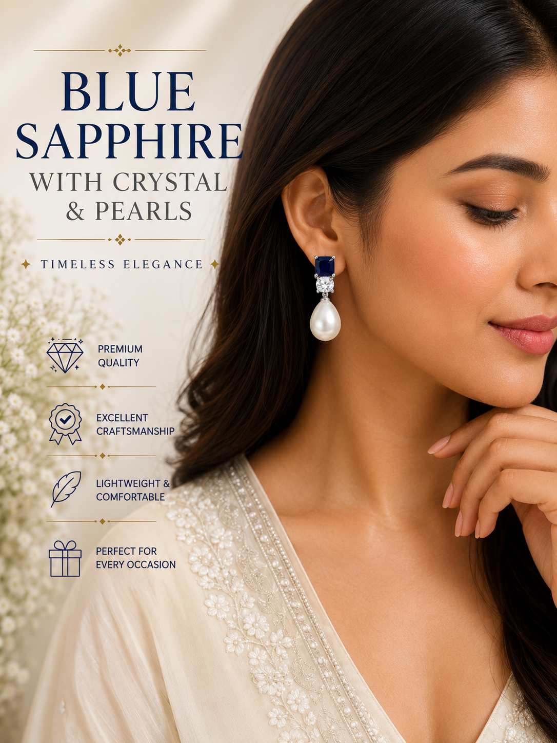 Blue Sapphire Crystal & Pearl Drop Earrings | Luxury Bridal & Party Wear Earrings