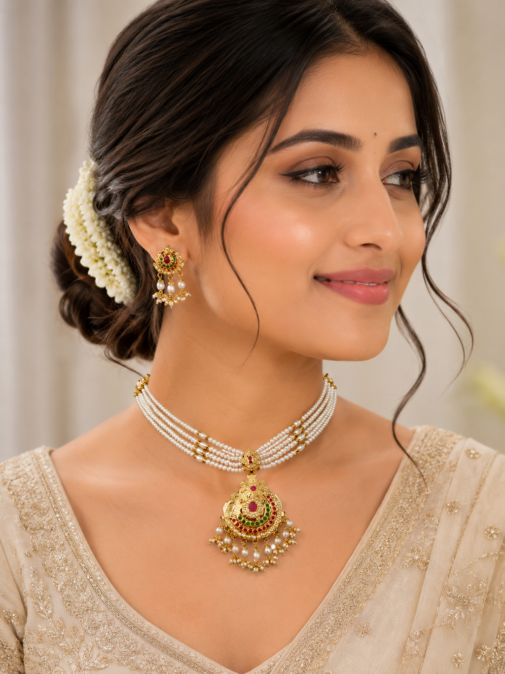 Handmade Jadau Pearl Choker Necklace Set | One Gram Gold Polish | Real Stone Jewellery
