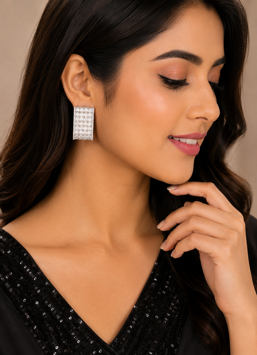 Luxury Crystal Rectangle Stud Earrings for Women | Silver Finish Party Wear Earrings
