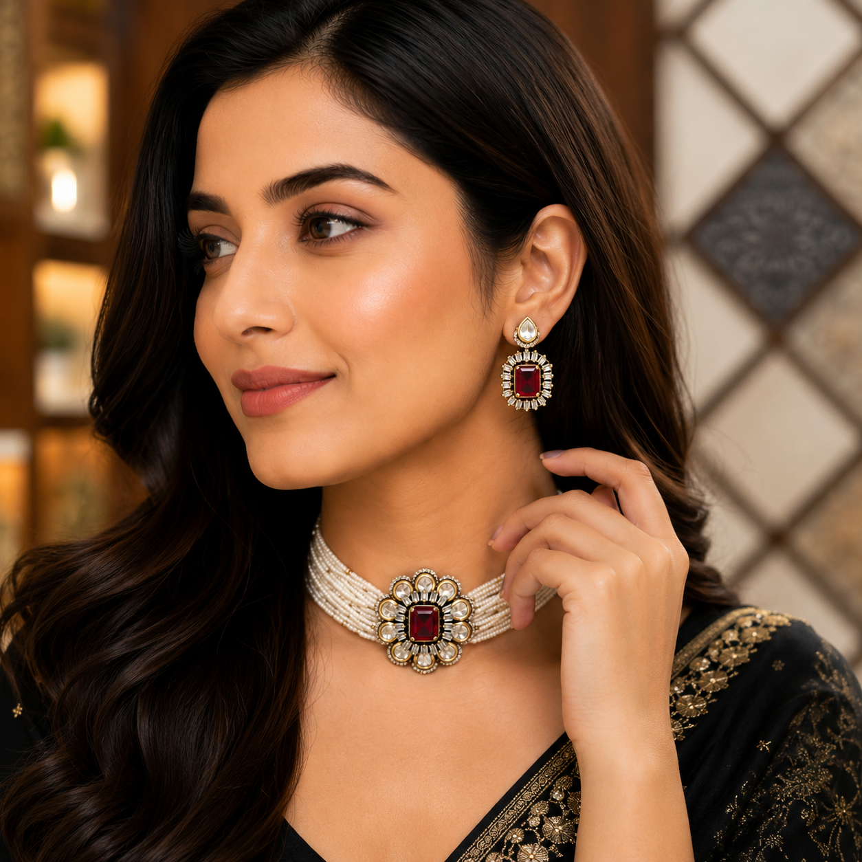 Luxury LV Polki Kundan Choker Set with Earrings | Ruby Red Chokar Necklace Set