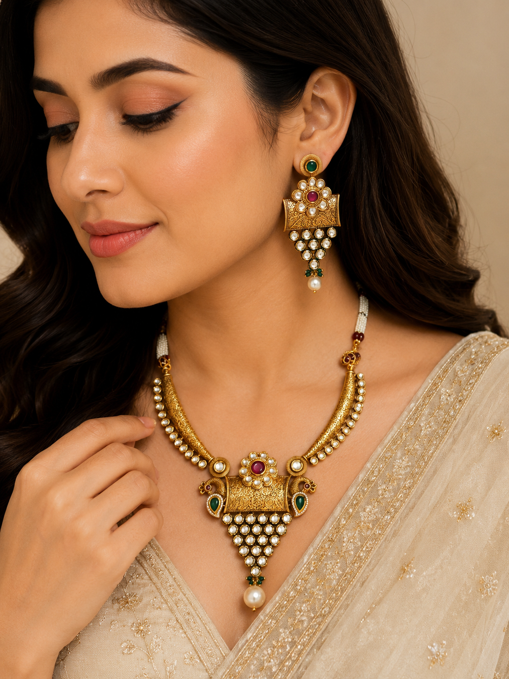 Antique Gold Kundan Necklace Set with Matching Earrings