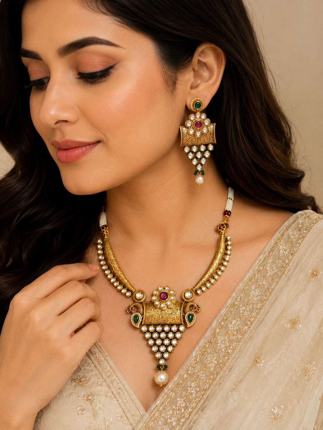 Antique Gold Kundan Necklace Set with Matching Earrings