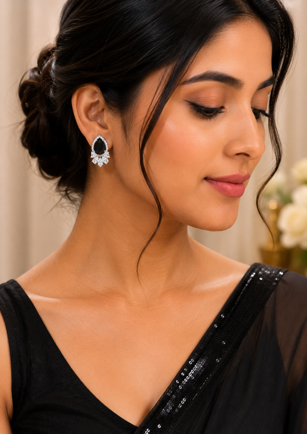 Black Crystal Teardrop Stud Earrings | Luxury Statement Earrings