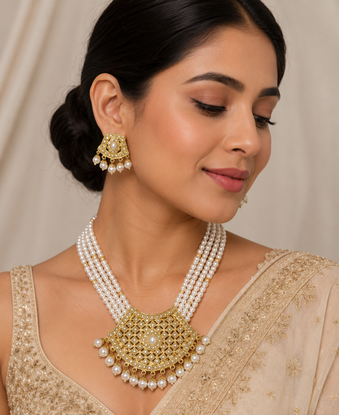 Gold-Tone Statement Necklace with Pearl Drops & Earrings