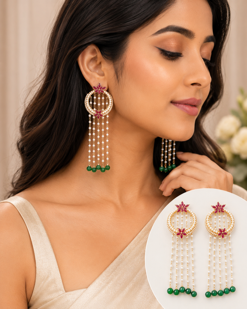 Revoria Premium Pearl & Ruby Floral Long Earrings | Statement Party Wear Earrings