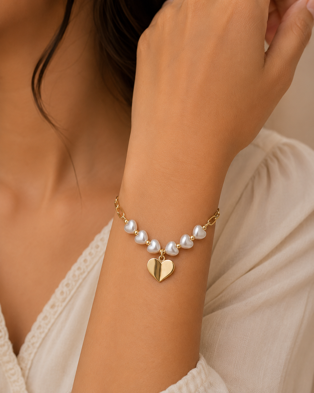 Pearl Heart Charm Bracelet | Gold-Tone Adjustable Bracelet for Women