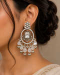 Silver Crystal Pearl Drop Earrings | Statement Ethnic Chandbali Earrings for Women