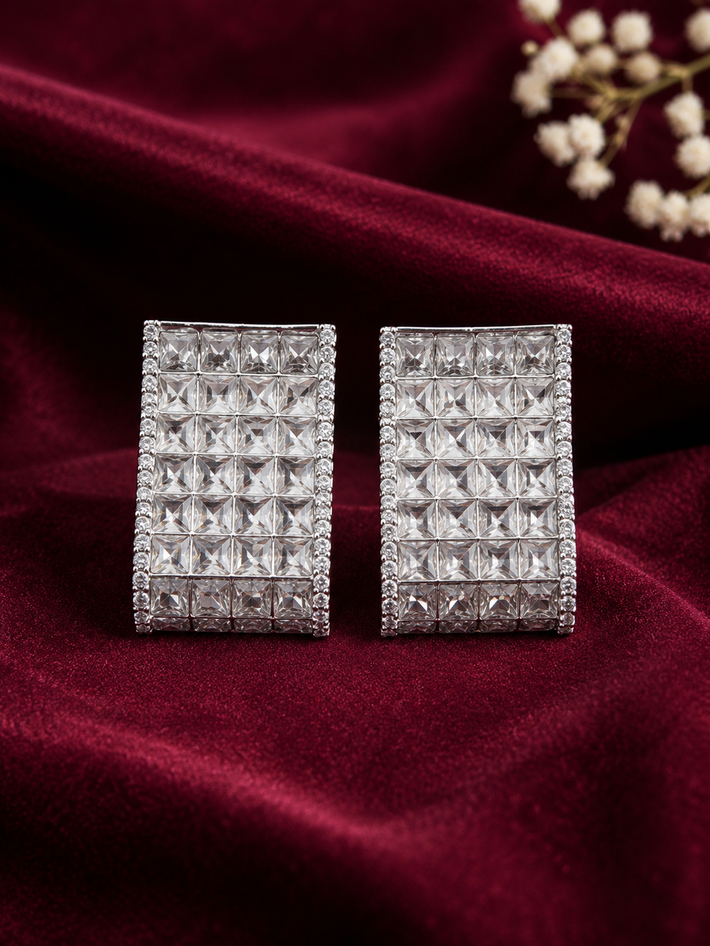 Luxury Crystal Rectangle Stud Earrings for Women | Silver Finish Party Wear Earrings