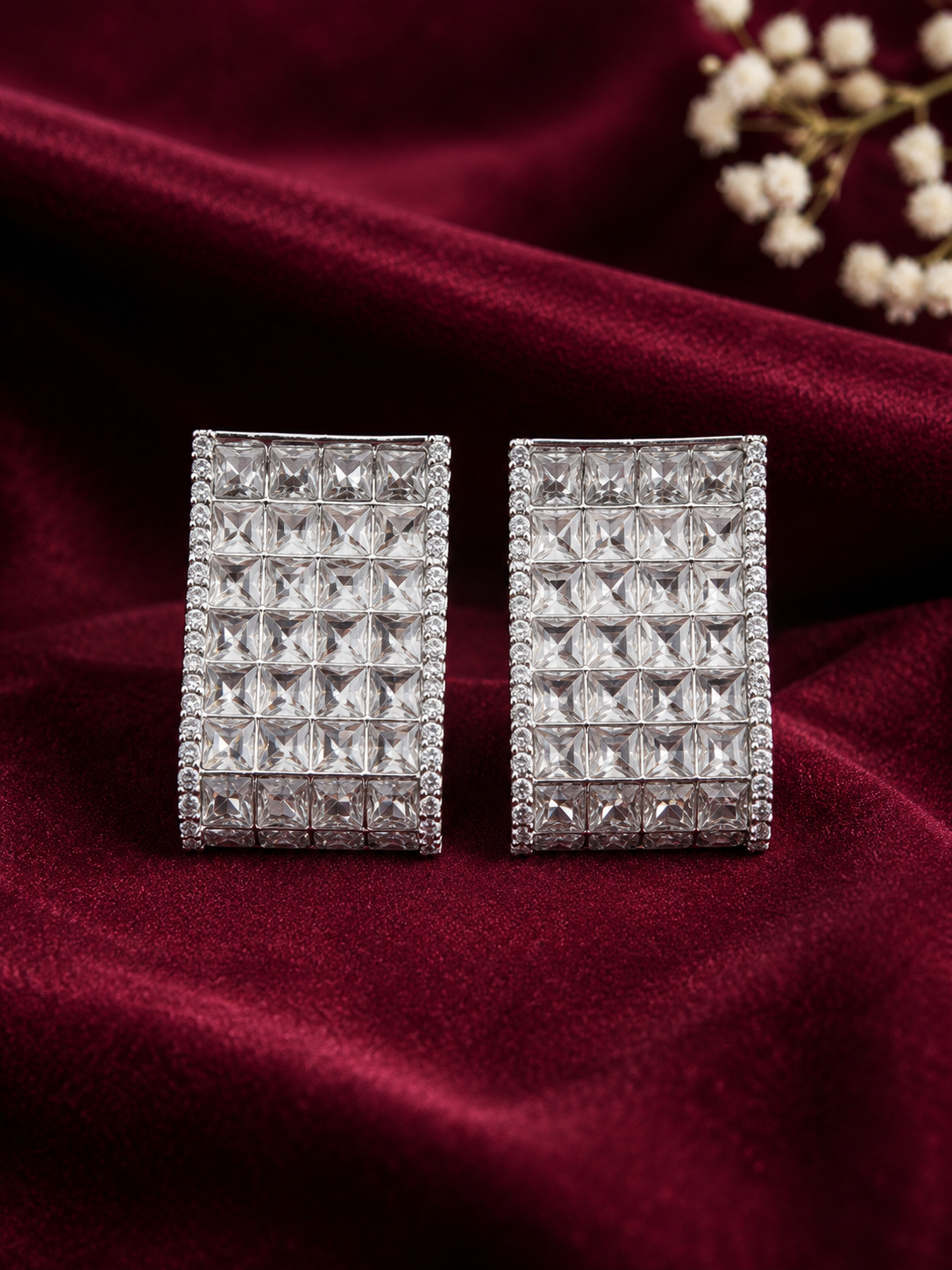 Luxury Crystal Rectangle Stud Earrings for Women | Silver Finish Party Wear Earrings