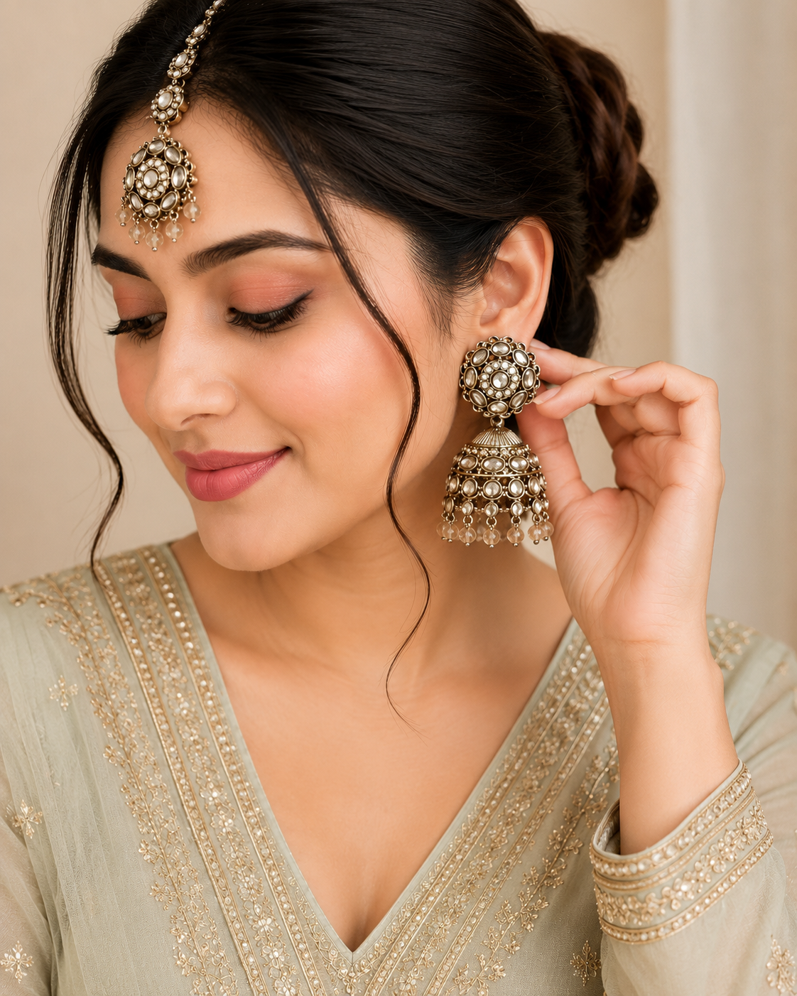 Traditional Polki Jhumka Earrings with Matching Maang Tikka Set |