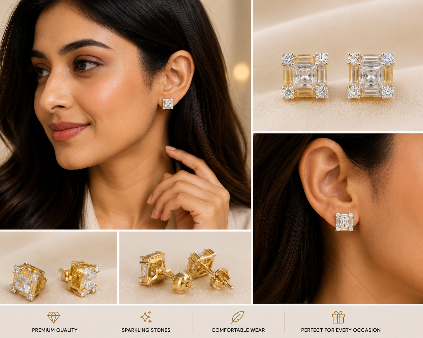 Luxury Square Crystal Stud Earrings | Gold Plated Diamond Look Earrings