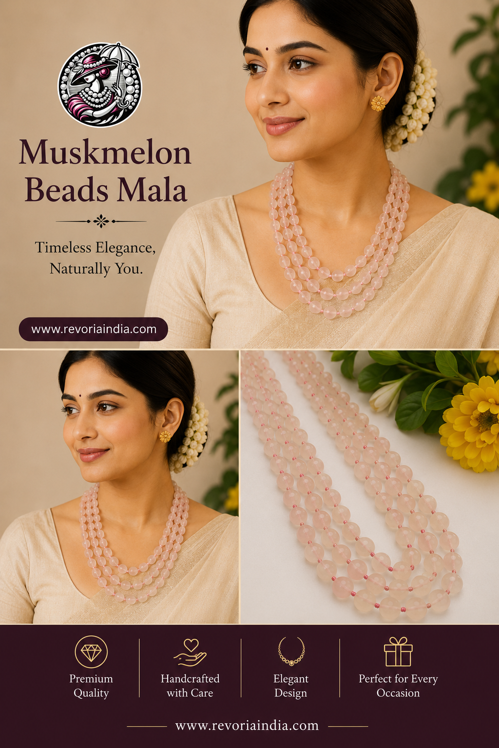 Blush Pink Muskmelon Beads Mala – Premium Handcrafted Multi-Layer Necklace