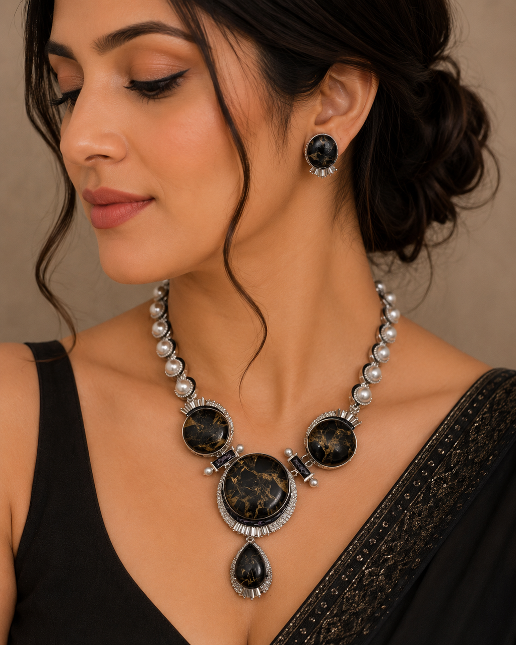 Black Marble Statement Necklace Set | Premium Pearl & Crystal Designer Jewellery
