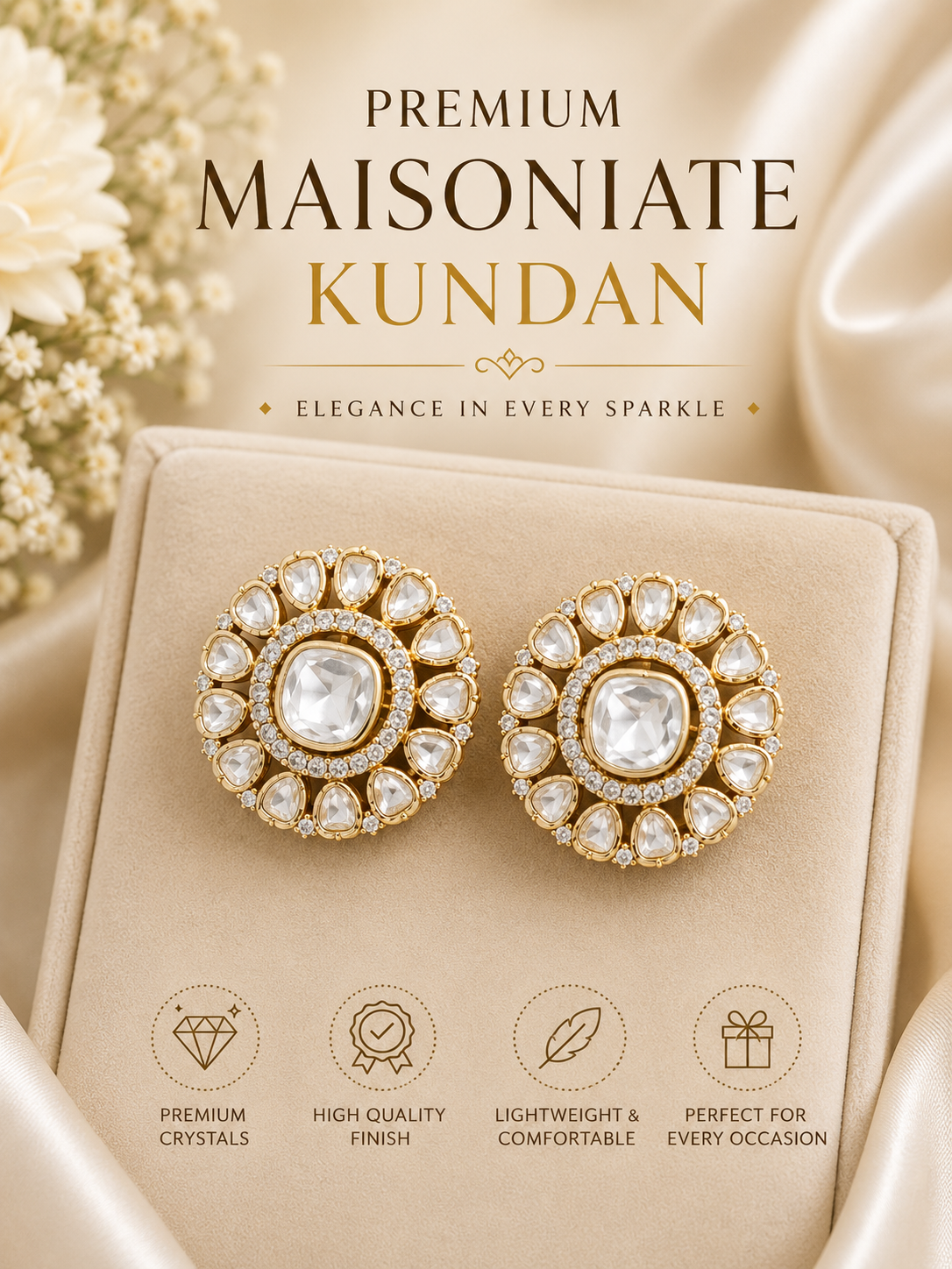 Premium Kundan Stud Earrings | Traditional Polki Style Statement Earrings for Women