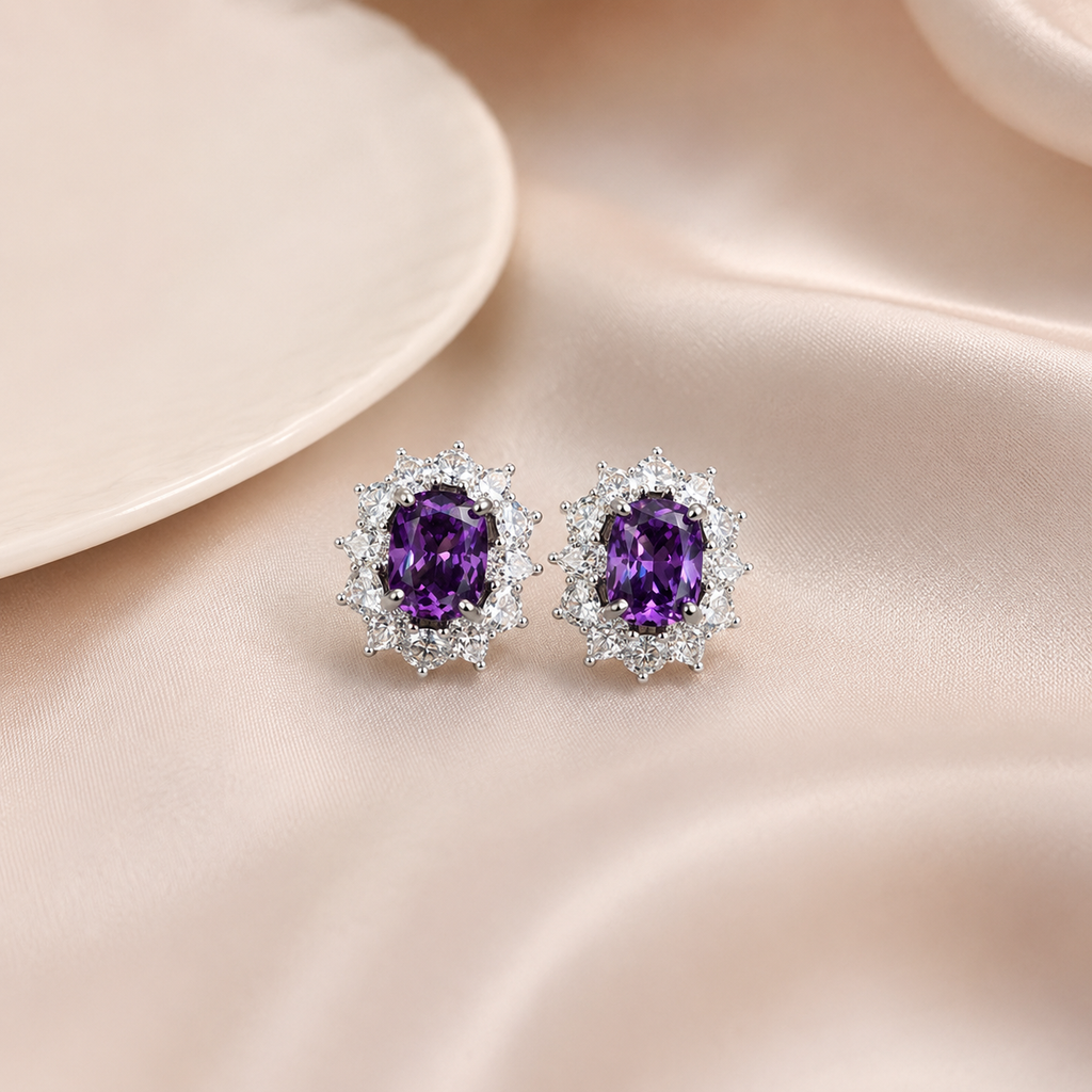 Purple Crystal Halo Stud Earrings | Luxury Statement Party Earrings