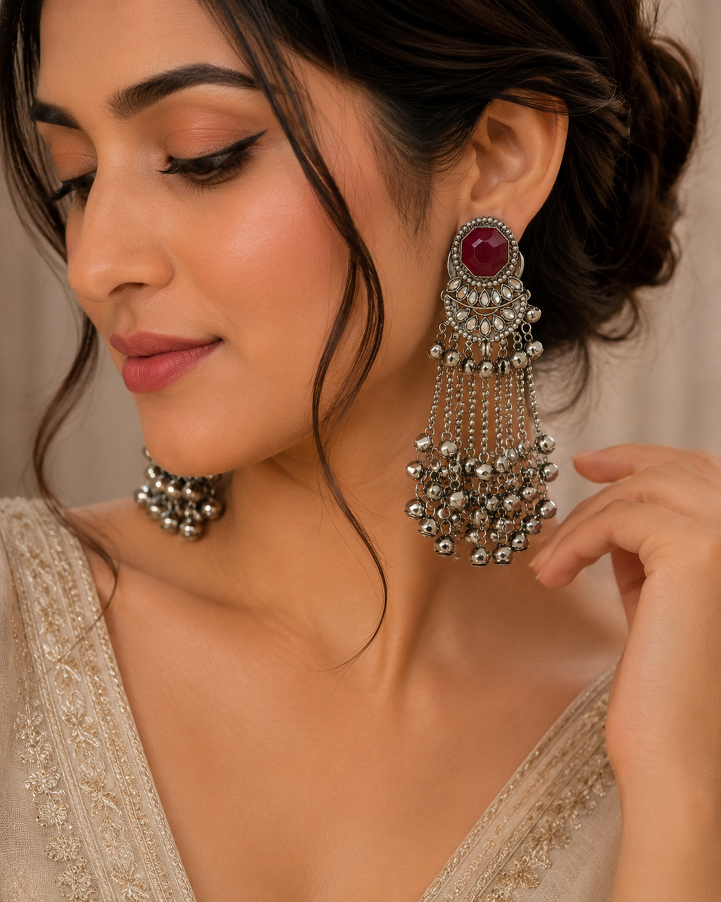 Antique Silver Ghungroo Statement Earrings – Maroon Stone Long Chandbali Earrings for Women