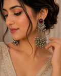 Antique Silver Ghungroo Statement Earrings – Maroon Stone Long Chandbali Earrings for Women