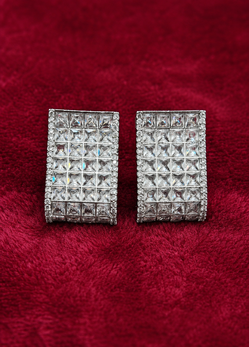 Luxury Crystal Rectangle Stud Earrings for Women | Silver Finish Party Wear Earrings