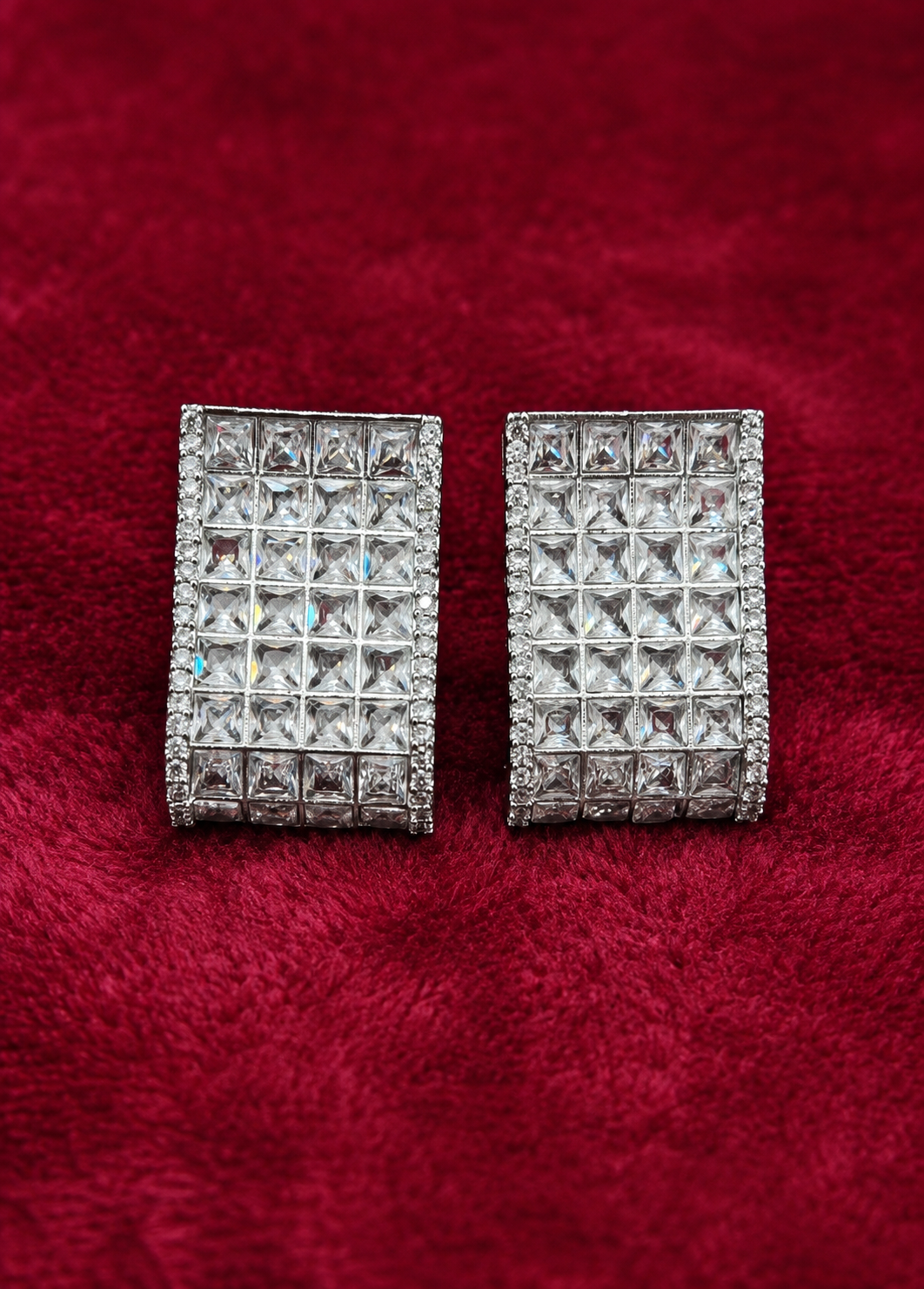 Luxury Crystal Rectangle Stud Earrings for Women | Silver Finish Party Wear Earrings
