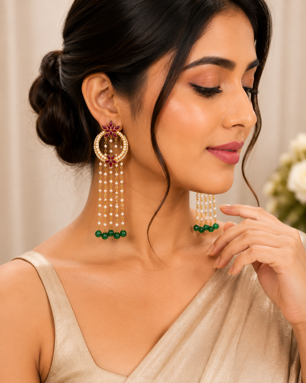 Revoria Premium Pearl & Ruby Floral Long Earrings | Statement Party Wear Earrings