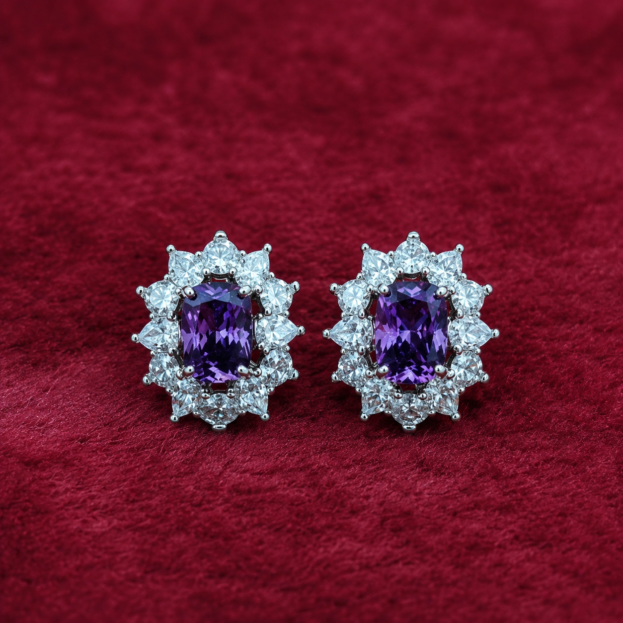 Purple Crystal Halo Stud Earrings | Luxury Statement Party Earrings
