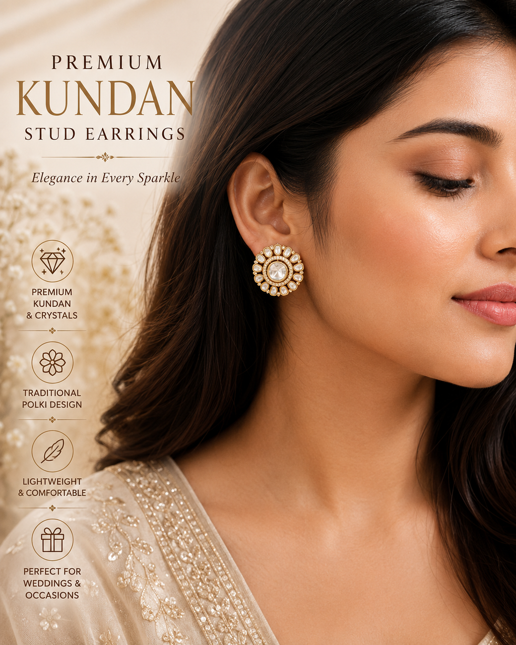 Premium Kundan Stud Earrings | Traditional Polki Style Statement Earrings for Women