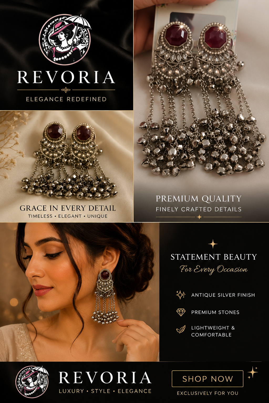 Antique Silver Ghungroo Statement Earrings – Maroon Stone Long Chandbali Earrings for Women