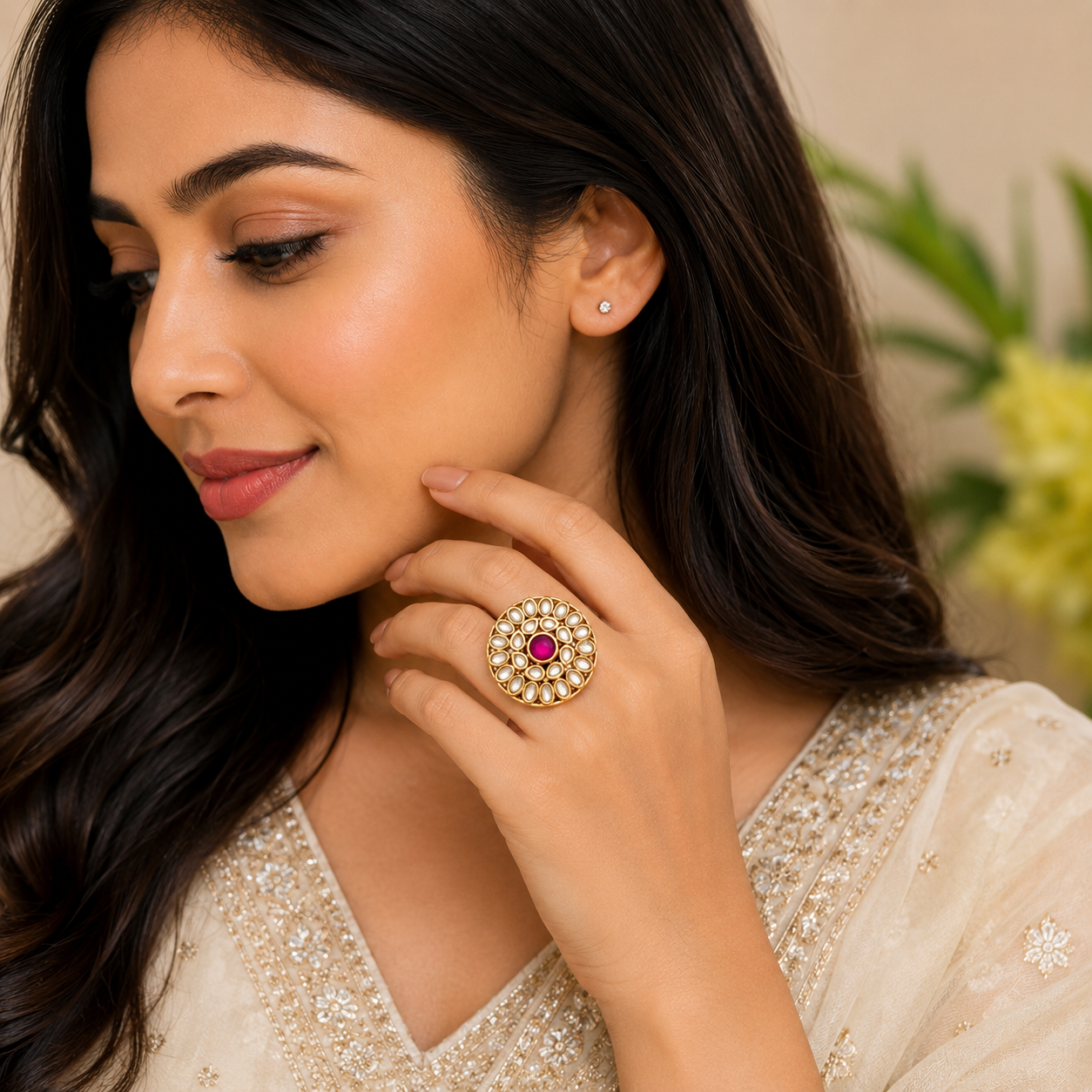 Royal Kundan Adjustable Ring for Women | Pink Stone Statement Ring